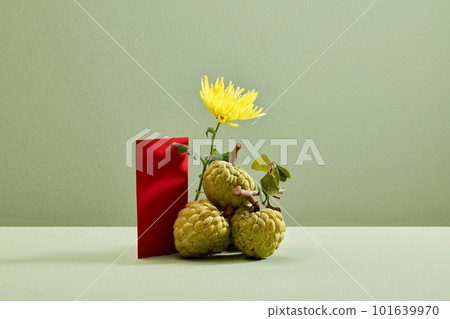 Custard apples with a yellow flower and a red envelopes decorated on light background. Tet holiday concept Custard apples with a yellow flower and a red envelopes decorated on light background. Tet holiday concept 101639970