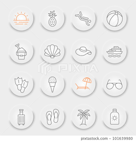 Summer line icon set, travel symbols collection, vector sketches, neumorphic UI UX buttons, beach icons, tourism signs linear pictograms Summer line icon set, travel symbols collection, vector sketches, neumorphic UI UX buttons, beach icons, tourism signs linear pictograms 101639980
