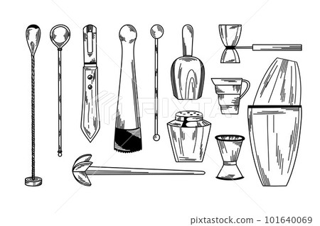 A set of bar accessories, bartender tools with Jigger, barspoon, shaker, spatula and chanel knife A set of bar accessories, bartender tools with Jigger, barspoon, shaker, spatula and chanel knife 101640069