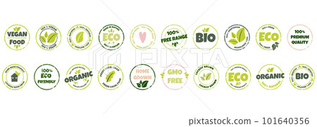 Set of eco, bio, organic and natural products sticker, logo, label, badge, icon. Vector illustration of textured grunge circle stamp, healthy food symbol, design element 101640356