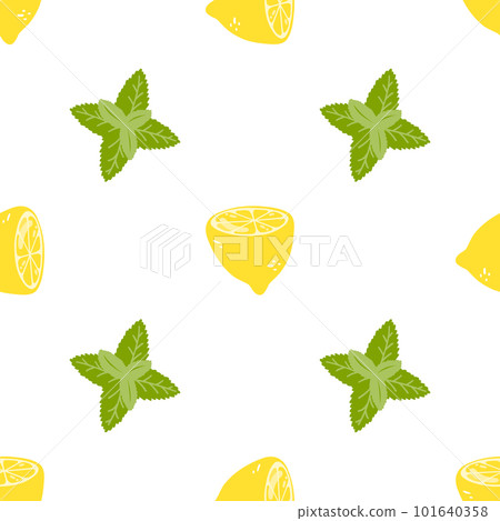 Seamless pattern with lemons and mint. Vector background with hand drawn citrus fruits for wrapping paper, textile, print, card 101640358