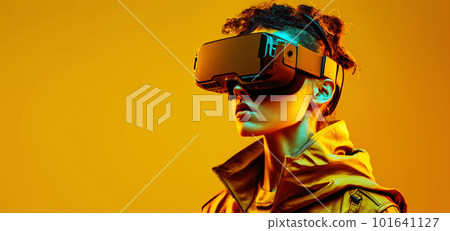 Side view of a young woman put on VR glasses isolated over yellow background Side view of a young woman put on VR glasses isolated over yellow background 101641127