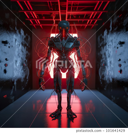 A robot standing in front of a red light. AI generative image 101641429