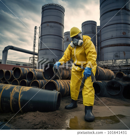 A man in a yellow protective suit and gas mask. AI generative image A man in a yellow protective suit and gas mask. AI generative image 101641431
