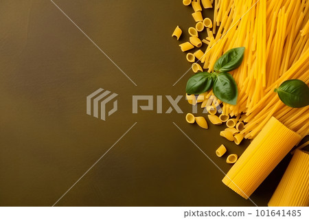 A bunch of pasta with basil on top of it. AI generative image . A lot of copy space. . A lot of copy space. 101641485