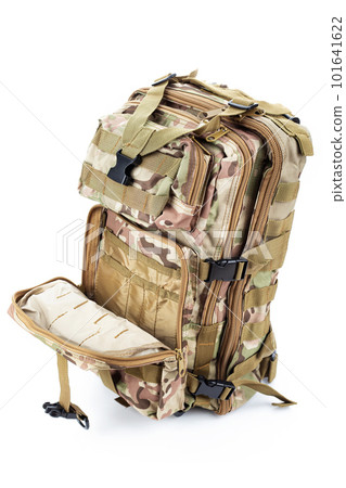 Open military backpack of khaki color on a white background. 101641622