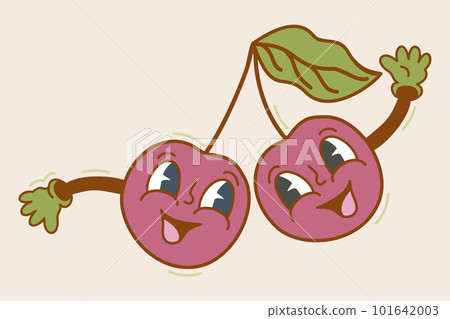 Two cherries on a branch. Retro cartoon illustration. Style of 1970-s. Vector isolated on light background. Two cherries on a branch. Retro cartoon illustration. Style of 1970-s. Vector isolated on light background. 101642003