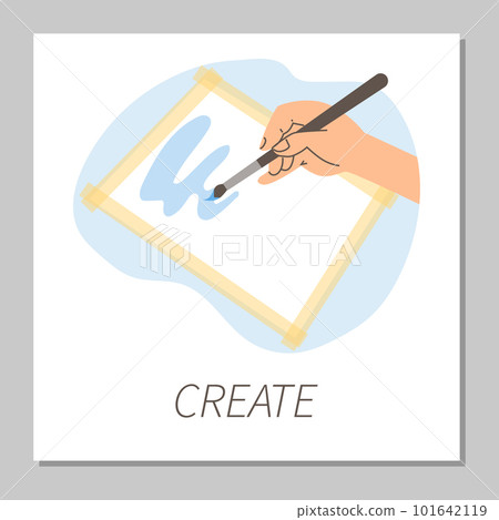 Squared banner with hand holding brush above paper flat style Squared banner with hand holding brush above paper flat style 101642119