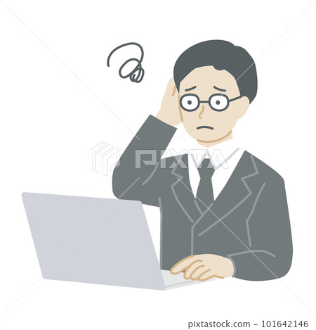 A man in a suit who worries while operating a computer A man in a suit who worries while operating a computer 101642146