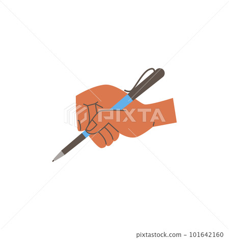 Human hand holding writing pen flat cartoon vector illustration isolated. 101642160