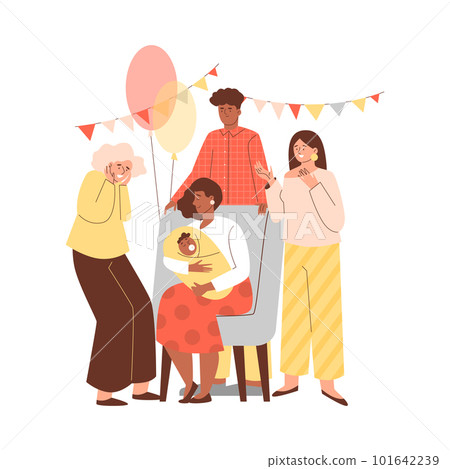 Happy people around young mother with newborn flat style Happy people around young mother with newborn flat style 101642239