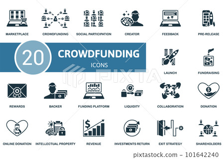 Crowdfunding set. Creative icons: marketplace, crowdfunding, social participation, creator, feedback, pre-release, launch, fundraising, rewards, backer, funding platform, liquidity, collaboration Crowdfunding set. Creative icons: marketplace, crowdfunding, social participation, creator, feedback, pre-release, launch, fundraising, rewards, backer, funding platform, liquidity, collaboration 101642240