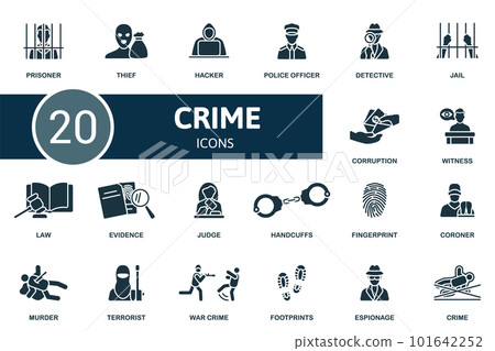 Crime set. Creative icons: prisoner, thief, hacker, police officer, detective, jail, corruption, witness, law, evidence, judge, handcuffs, fingerprint, coroner, murder, terrorist, war crime 101642252