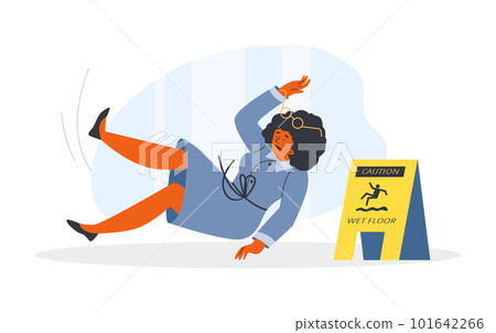 Falling curly woman, yellow triangular wet floor sign flat style 101642266