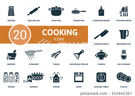 Cooking set. Creative icons: grater, rolling pin, stew pan, frying pan, chopping board, kitchen knifes, chopper knife, measuring cup, mortar, strainer, tongs, vegetable peeler, tureen, salt shaker 101642267