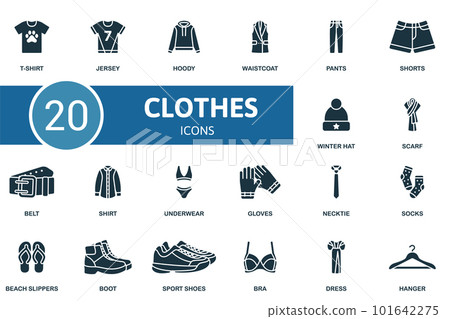 Clothes set. Creative icons: t-shirt, jersey, hoody, waistcoat, pants, shorts, winter hat, scarf, belt, shirt, underwear, gloves, necktie, socks, beach slippers, boot, sport shoes, bra, dress, hanger. 101642275
