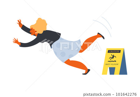 Falling panic woman, yellow triangular wet floor sign flat style 101642276