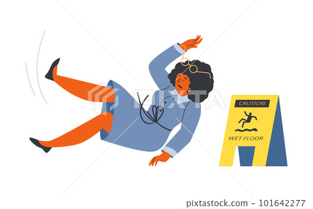 Woman slipping and falling on wet floor, flat vector illustration isolated on white background. 101642277