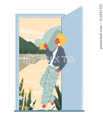 Smiling woman standing in open doorway and enjoying view and hot drink flat style Smiling woman standing in open doorway and enjoying view and hot drink flat style 101642302