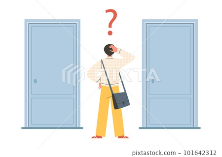Man choosing between two doors, flat vector illustration isolated on white background. Man choosing between two doors, flat vector illustration isolated on white background. 101642312