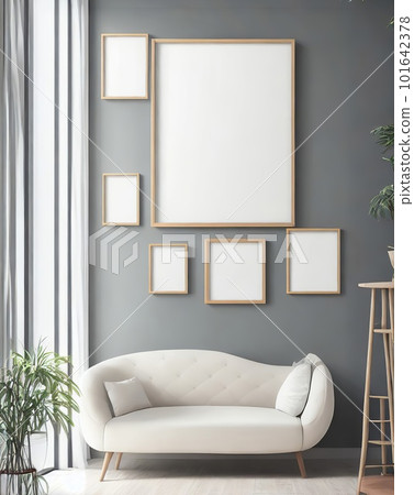 Interior of modern living room with empty white picture frames on wall. Generative AI. 101642378