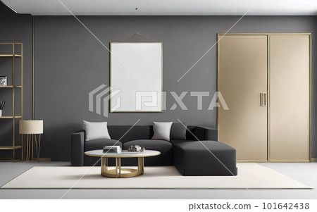 Living room wall with a mock poster frame. Modern background with a luxurious apartment. Generative AI. Living room wall with a mock poster frame. Modern background with a luxurious apartment. Generative AI. 101642438