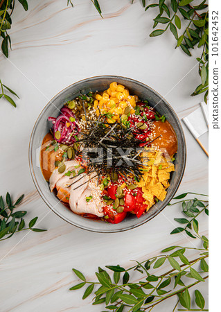 Portion of sous vide chicken poke bowl 101642452