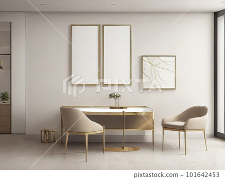 Interior of modern living room with empty white picture frames on wall. Generative AI. 101642453