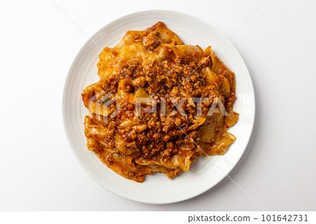 Fried noodles with mala sauce on white background 101642731