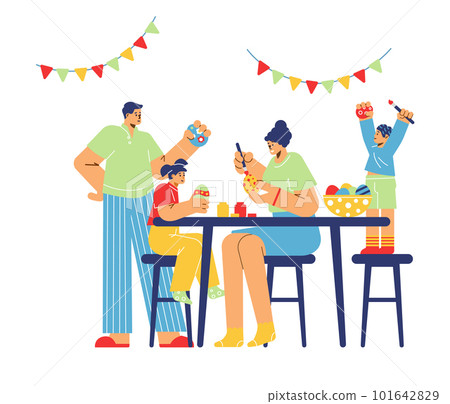 Happy family with kids decorating and painting eggs together, flat vector illustration isolated on white background. Happy family with kids decorating and painting eggs together, flat vector illustration isolated on white background. 101642829