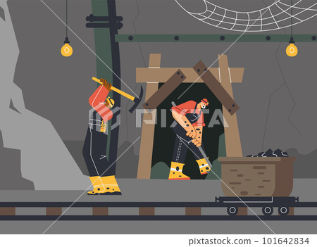 Miners using pickaxe and shovel extracting coal and minerals underground, flat vector illustration. 101642834