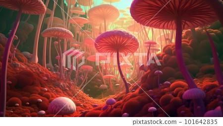 Abstract forest with tall mushrooms and unusual plants 101642835