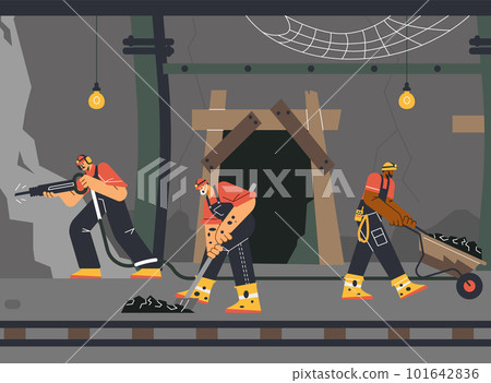 Professional miners extracting minerals underground, flat vector illustration. Professional miners extracting minerals underground, flat vector illustration. 101642836