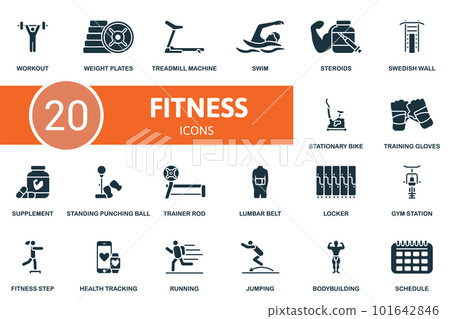 Fitness set. Creative icons: workout, weight plates, treadmill machine, swim, steroids, swedish wall, stationary bike, training gloves, supplement, standing punching ball, trainer rod, lumbar belt Fitness set. Creative icons: workout, weight plates, treadmill machine, swim, steroids, swedish wall, stationary bike, training gloves, supplement, standing punching ball, trainer rod, lumbar belt 101642846