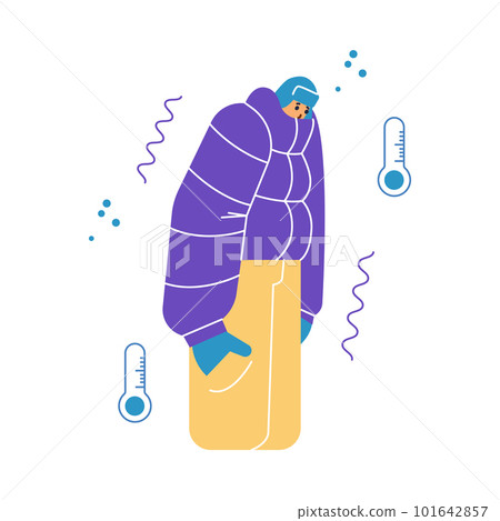 Man shivering from cold, low temperature outside - flat vector illustration isolated on white background. 101642857