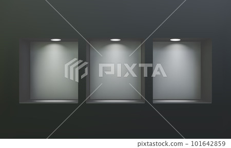 Three empty niches or shelves on black wall with led spotlight 3D mockup 101642859