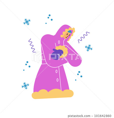 Freezing trembling woman in pink coat flat style, vector illustration 101642860