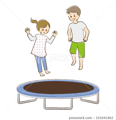 Man and woman playing on one trampoline Man and woman playing on one trampoline 101642862