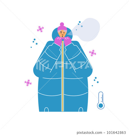 Woman freezing in winter, flat vector illustration isolated on white background. Woman freezing in winter, flat vector illustration isolated on white background. 101642863