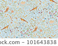 Vintage seamless fabric ornament with flowers and birds on light blue background. Middle ages William Morris style. Vector illustration. 101643838