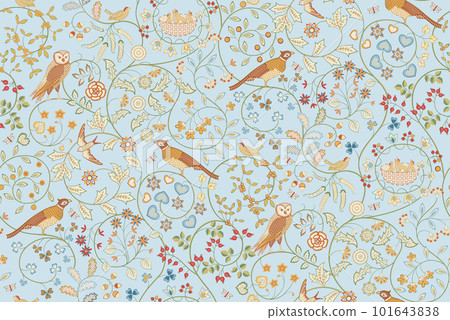 Vintage seamless fabric ornament with flowers and birds on light blue background. Middle ages William Morris style. Vector illustration. 101643838