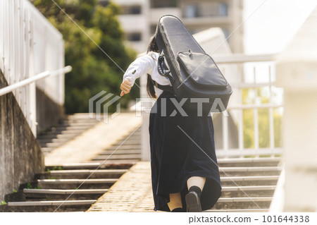 A woman climbing the stairs, a musical instrument case, running A woman climbing the stairs, a musical instrument case, running 101644338