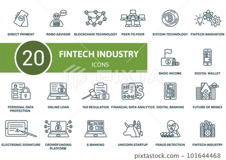 Fintech industry set. Creative icons: direct payment, robo advisor, blockchain technology, peer-to-peer, bitcoin technology, fintech innovation, basic income, digital wallet, personal data protection 101644468