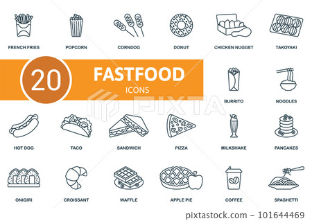 Fastfood set. Creative icons: french fries, popcorn, corndog, donut, chicken nugget, takoyaki, burrito, noodles, hot dog, taco, sandwich, pizza, milkshake, pancakes, onigiri, croissant, waffle, apple 101644469