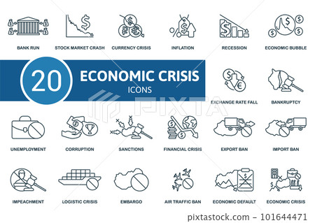Economic crisis set. Creative icons: bank run, stock market crash, currency crisis, inflation, recession, economic bubble, exchange rate fall, bankruptcy, unemployment, corruption, sanctions Economic crisis set. Creative icons: bank run, stock market crash, currency crisis, inflation, recession, economic bubble, exchange rate fall, bankruptcy, unemployment, corruption, sanctions 101644471