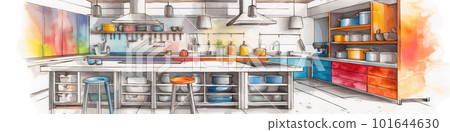 A drawing of a kitchen with colorful cabinets. AI generative image 101644630