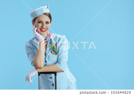 happy elegant female air hostess on blue 101644829