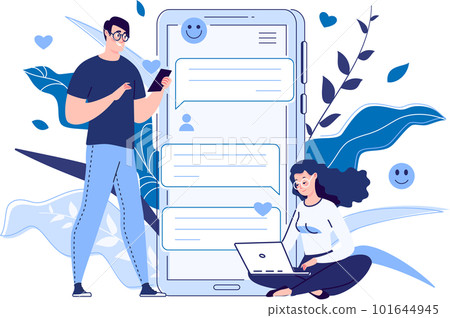 Happy people communicate online by phone, send emoticons and likes. 101644945