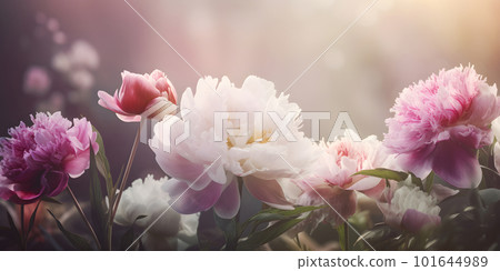 Blooming pink peony flowers wide long banner Blooming pink peony flowers wide long banner 101644989