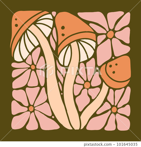 Abstract aestheyic wall art Print with Hippie Style Flowers and Mushrooms Background - 70's Groovy Themed Hand Drawn Abstract Graphic Tee Vector Print. 101645035